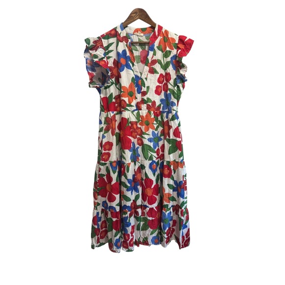 entro Dresses & Skirts - Entro Tiered Midi Dress Womens XL White Floral Excellent Ruffle Sleeve D17567P